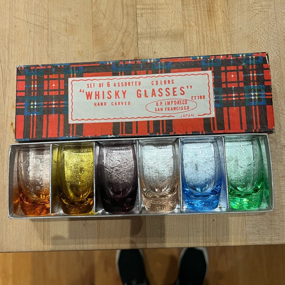 Set of six hand carved shot/whiskey glasses in a box.  Vintage